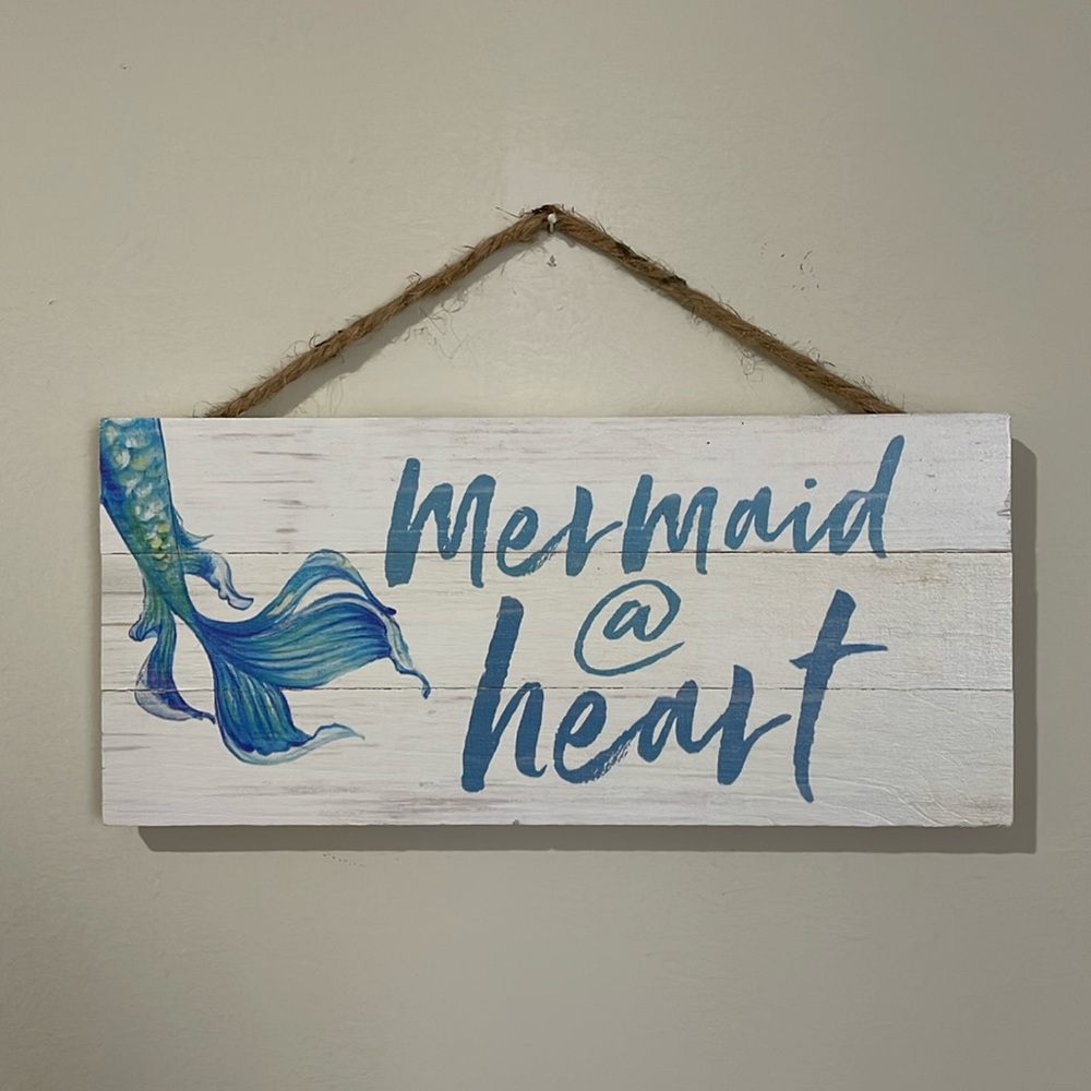 Mermaid @ Heart Wooden Sign With Sisal Hemp Rope Hanger 4.5” x10”